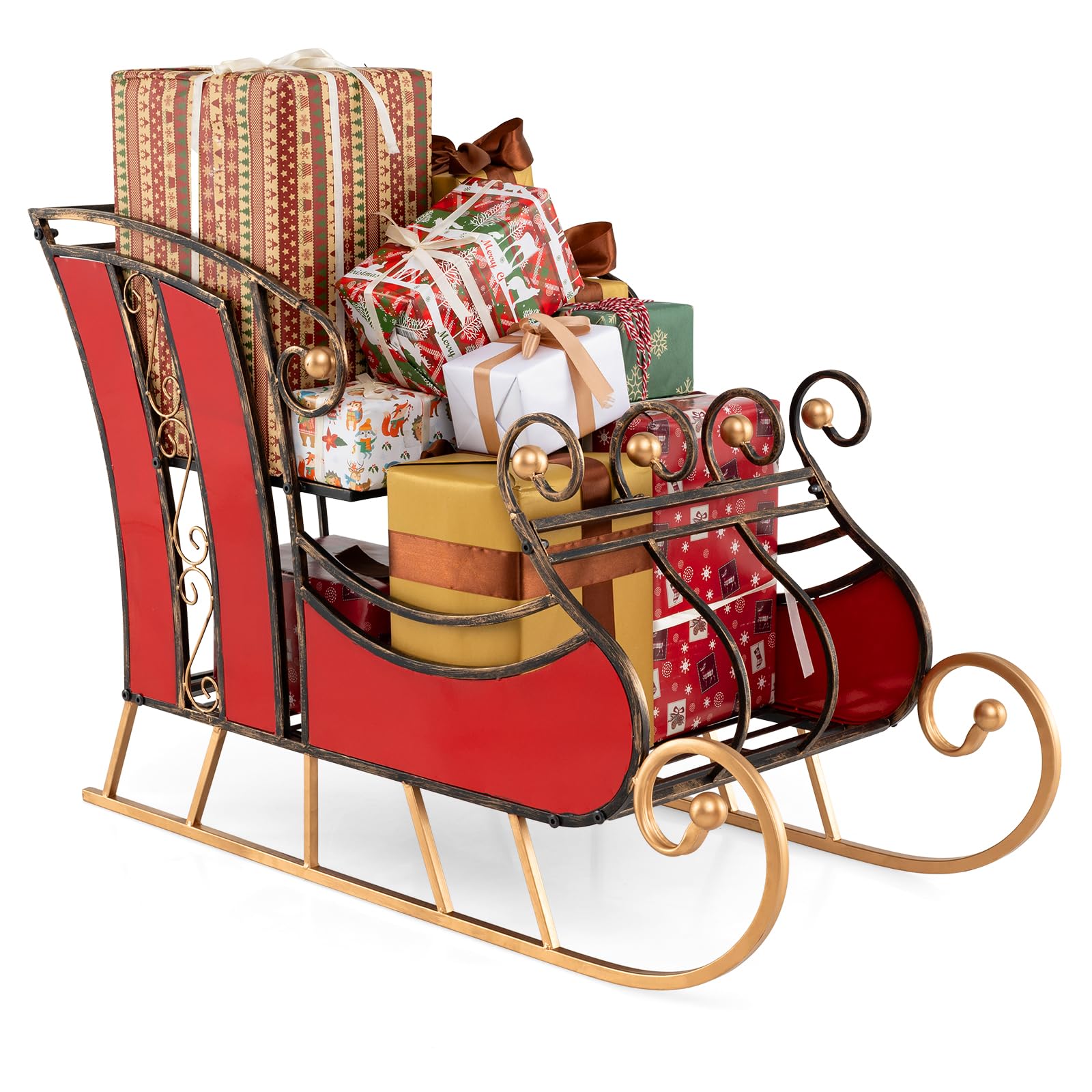 COSTWAY Red Christmas Santa Sleigh, Metal Xmas Decoration with 1/2-Tier Storage Shelf, Christmas Sleigh Ornament for Home Office (Red, 93 x 41 x 59cm, 2) — image 1