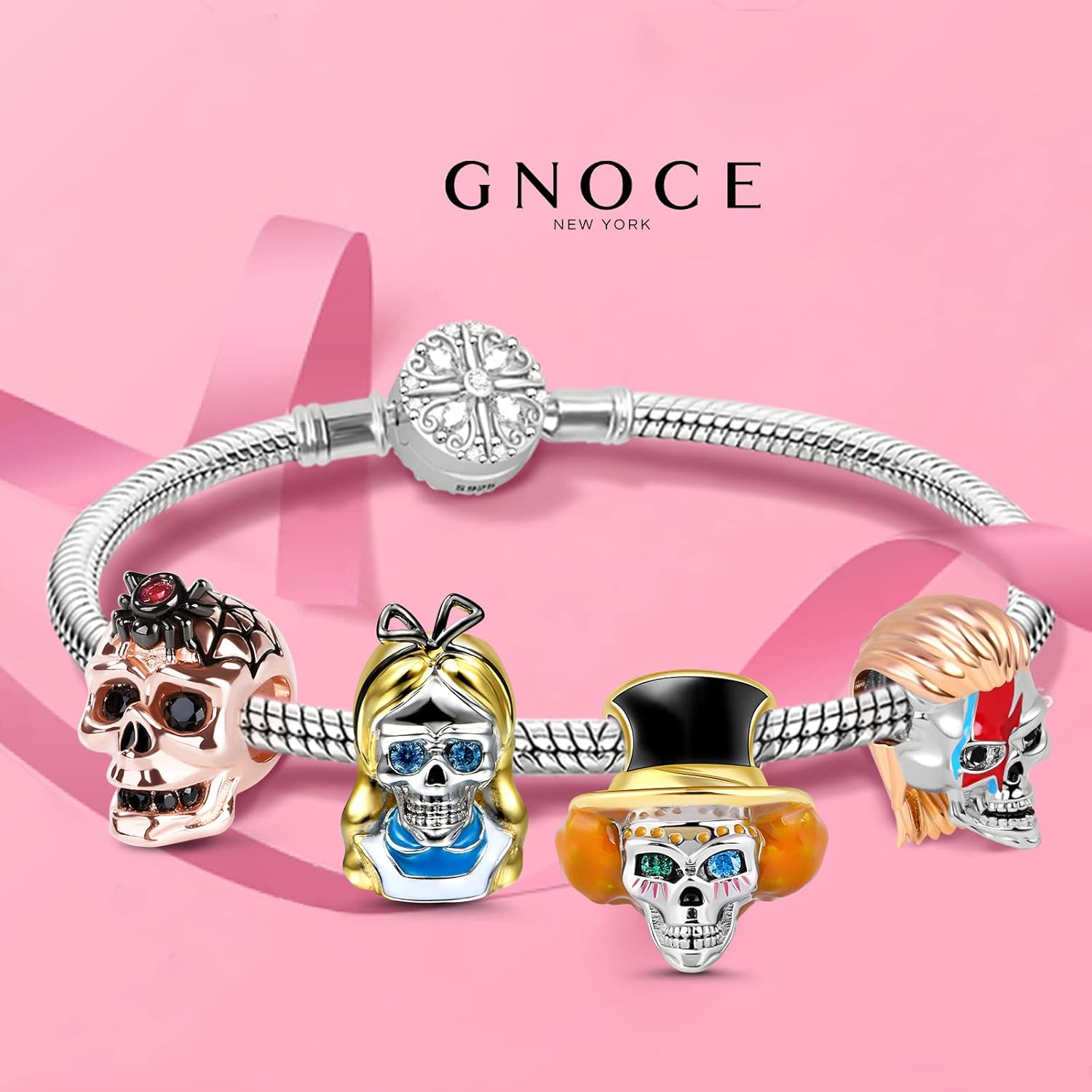 GNOCE Skull Charms for Bracelet 925 Sterling Silver Halloween Charms for Women Wife Christmas Gift