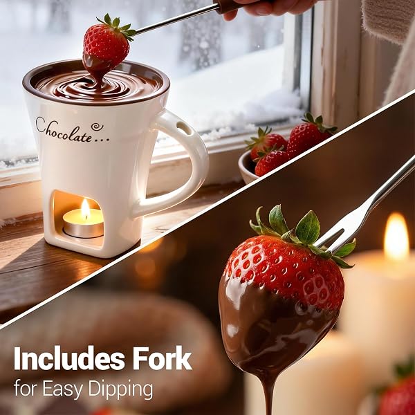 Chocolate Fondue Mug with Fork Set | Ceramic Chocolate Melting Cup | Personal Mini Cheese & Chocolate Melting Pot | Romantic Date Night Birthday Wedding Gift (White) - 5