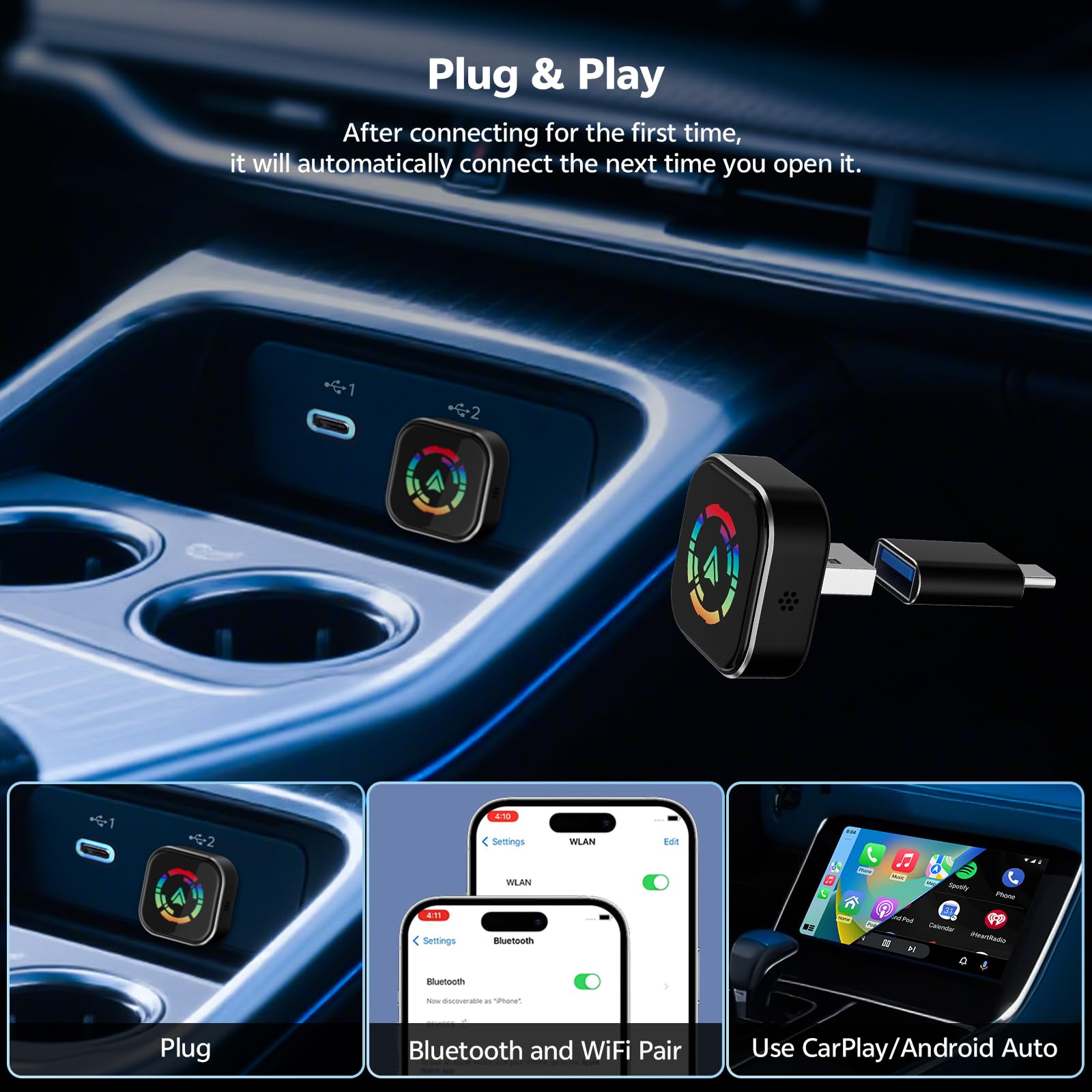 Draadloze adapter voor Android Auto en CarPlay, mini-stick voor het omzetten van CarPlay/Android auto bekabeld in draadloos, compatibel met auto met AA en CarPlay, USB C/A, stabiele verbinding