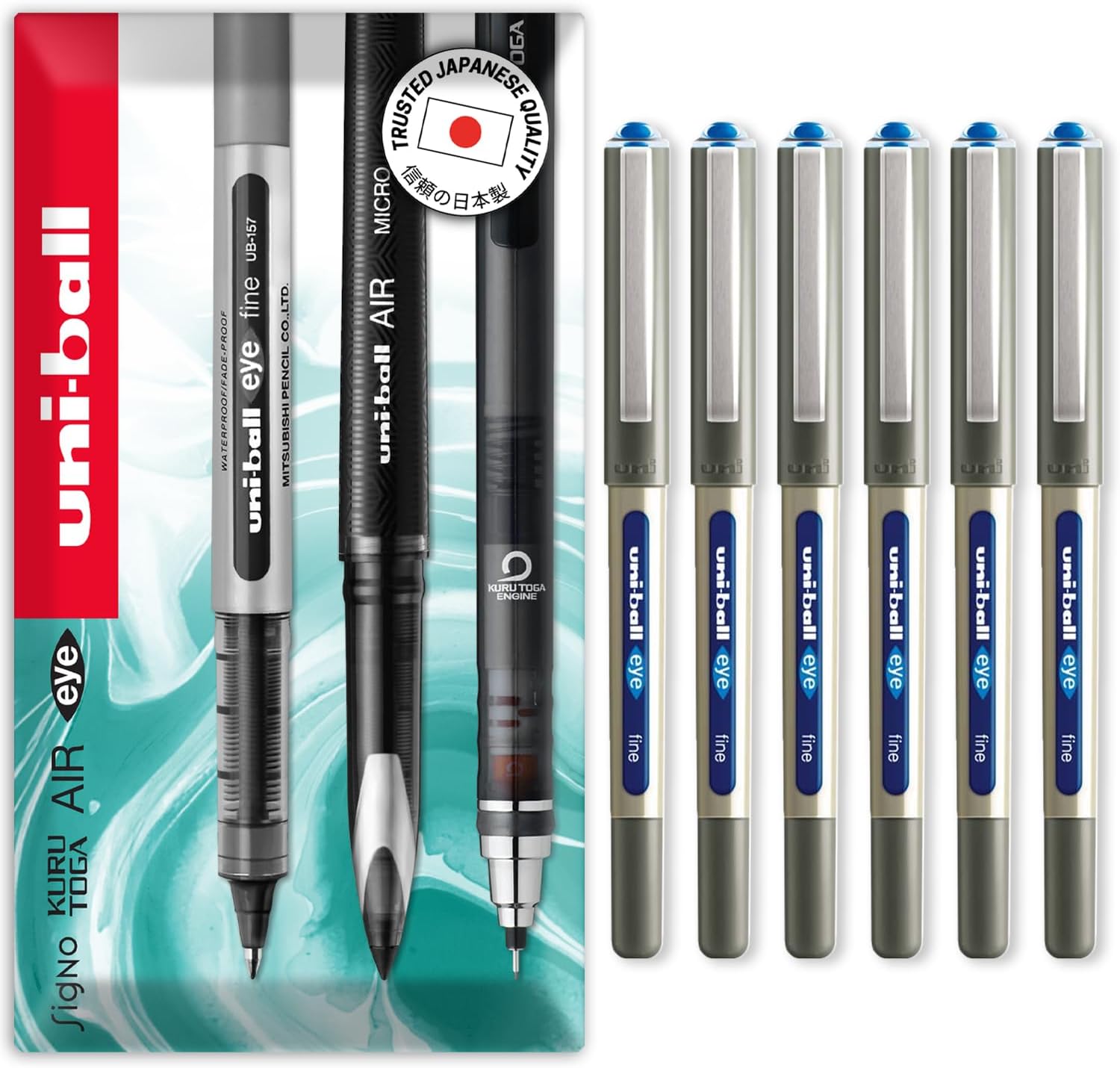 uni-ball EYE - UB-157 Rollerball Pens - 0.7mm Nib - In Gift Box Packaging (Pack of 6, Blue)