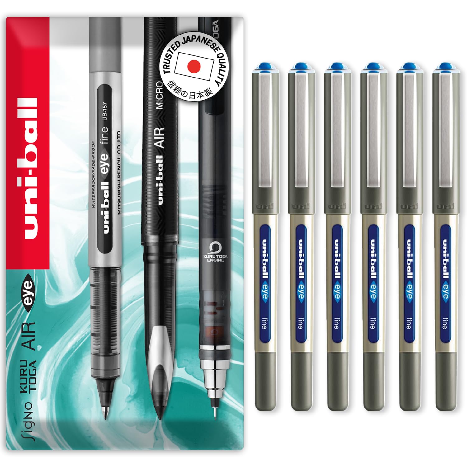 uni-ball EYE - UB-157 Rollerball Pens - 0.7mm Nib - In Gift Box Packaging (Pack of 6, Blue)