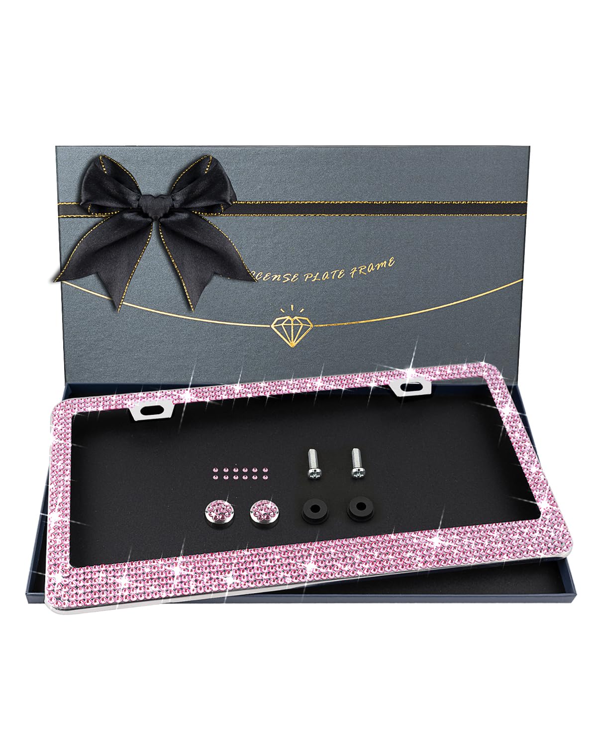 XCLPF Bling Pink License Plate Frames for Women,Handcrafted Clear Glass Diamond Rhinestone Crystals,1 PCS Sparkly Stainless Steel License Plate