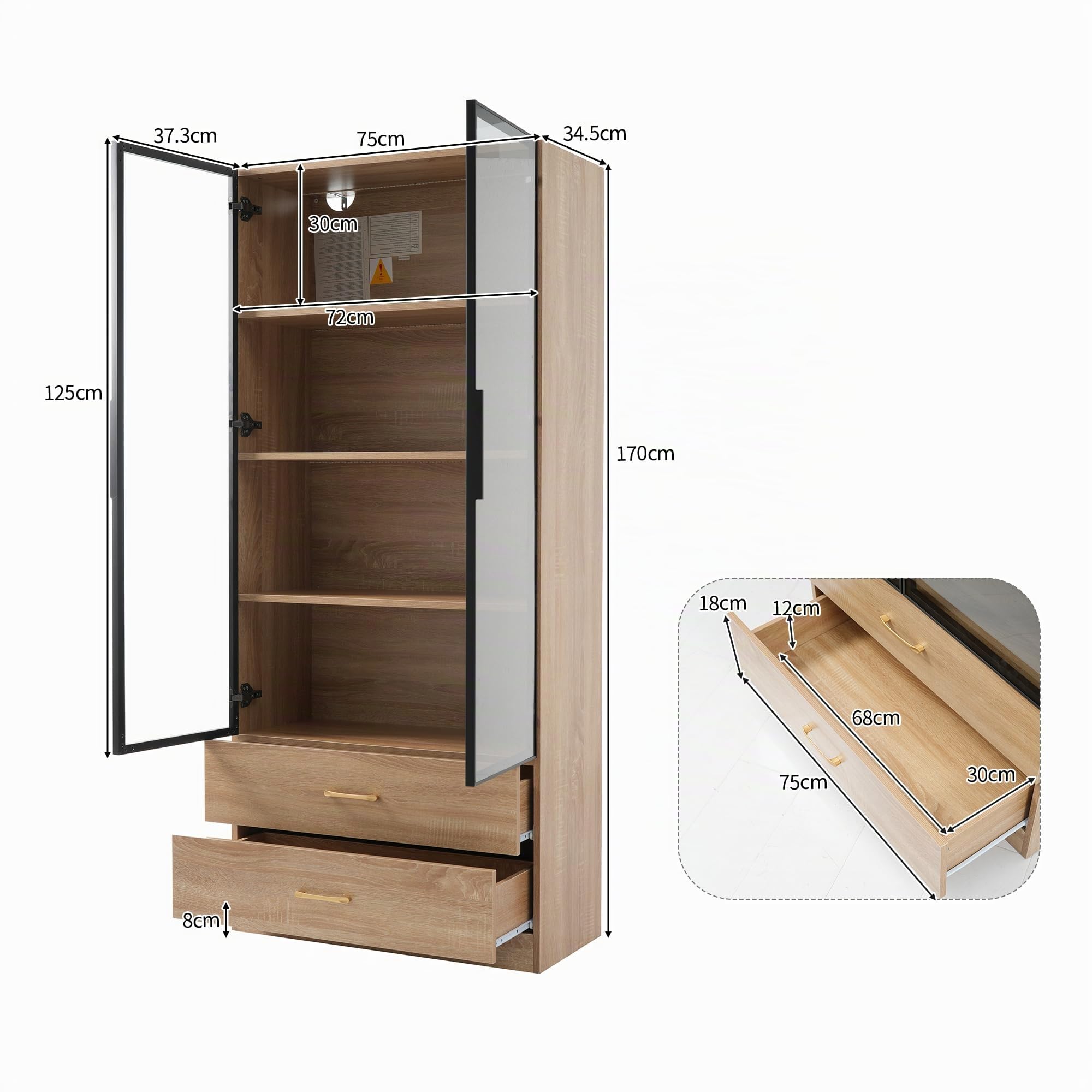Merax Vitrine de rangement pour salon, salle de bain avec LED, 75 cm de large, 2 tiroirs, 2 portes, porte en verre, design moderne pour salle de bain, bureau, couloir - Couleur bois