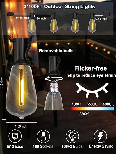 Miniatura 5 de Guirnalda de luces LED Edison para exteriores de 200 pies con 102 bombillas LED ST38 inastillables, luces vintage impermeables para patio, bistró,