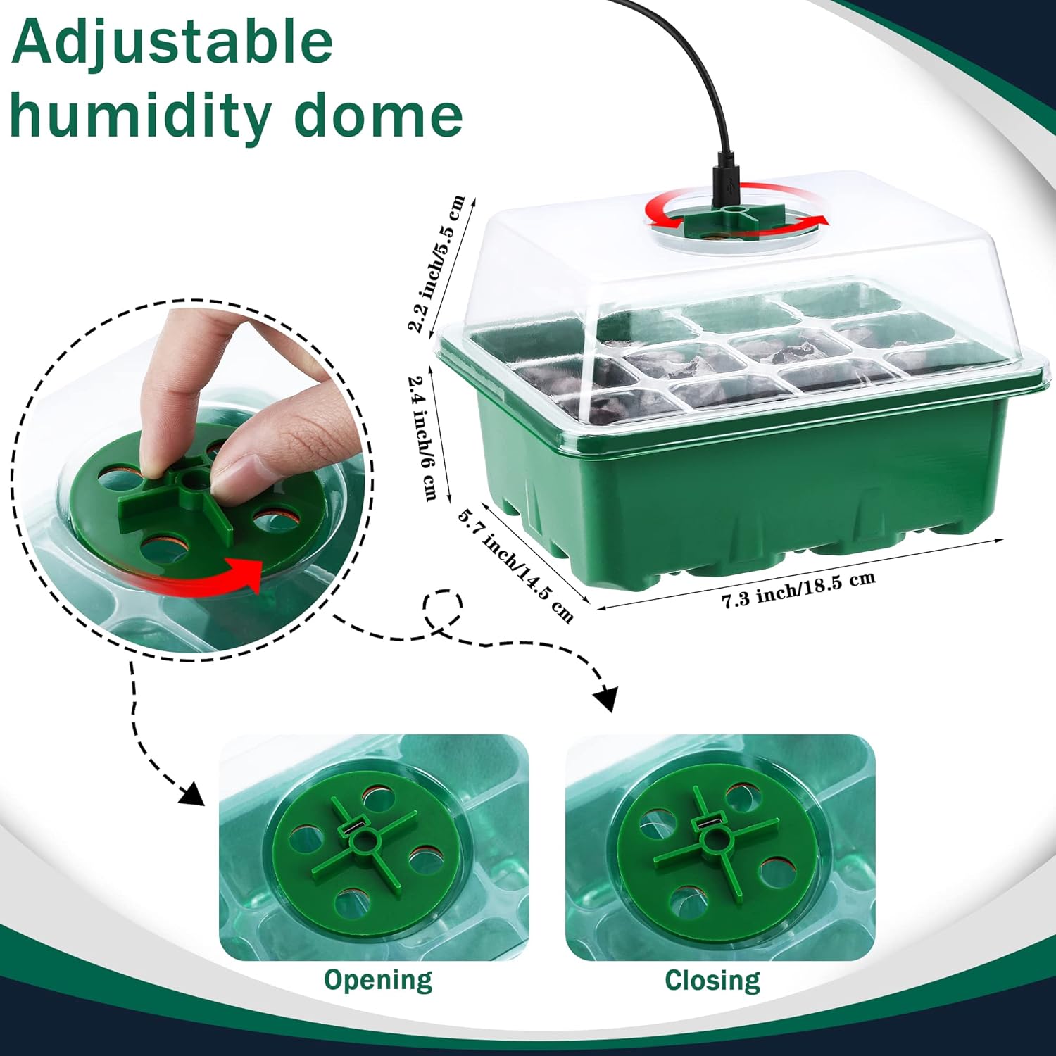 Hahood 6 Pack Seed Starter Tray Kit with Grow Light and Humidity Dome Germination Trays, 72 Peat Pellets, Plant Labels, Gardening Tools, Green, Modern Style, 7.3 x 5.7 x 4.5 inches