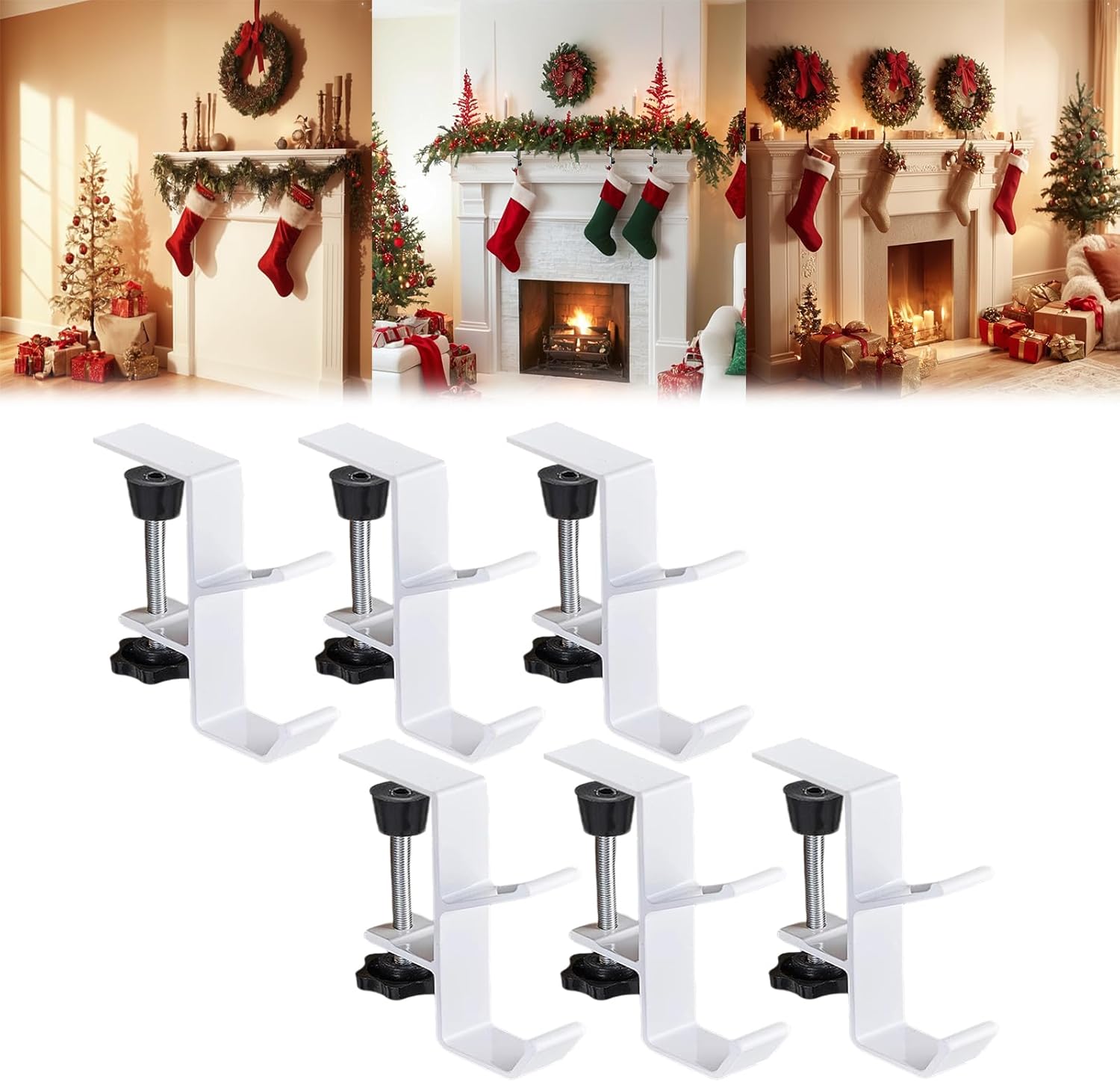 2 in 1 Fireplace Stocking and Garland Hanger - Heavy Duty Adjustable Mantle Hanger With Dual Hooks Design - Christmas Stocking Holder for Mantle (White, Set of 6)