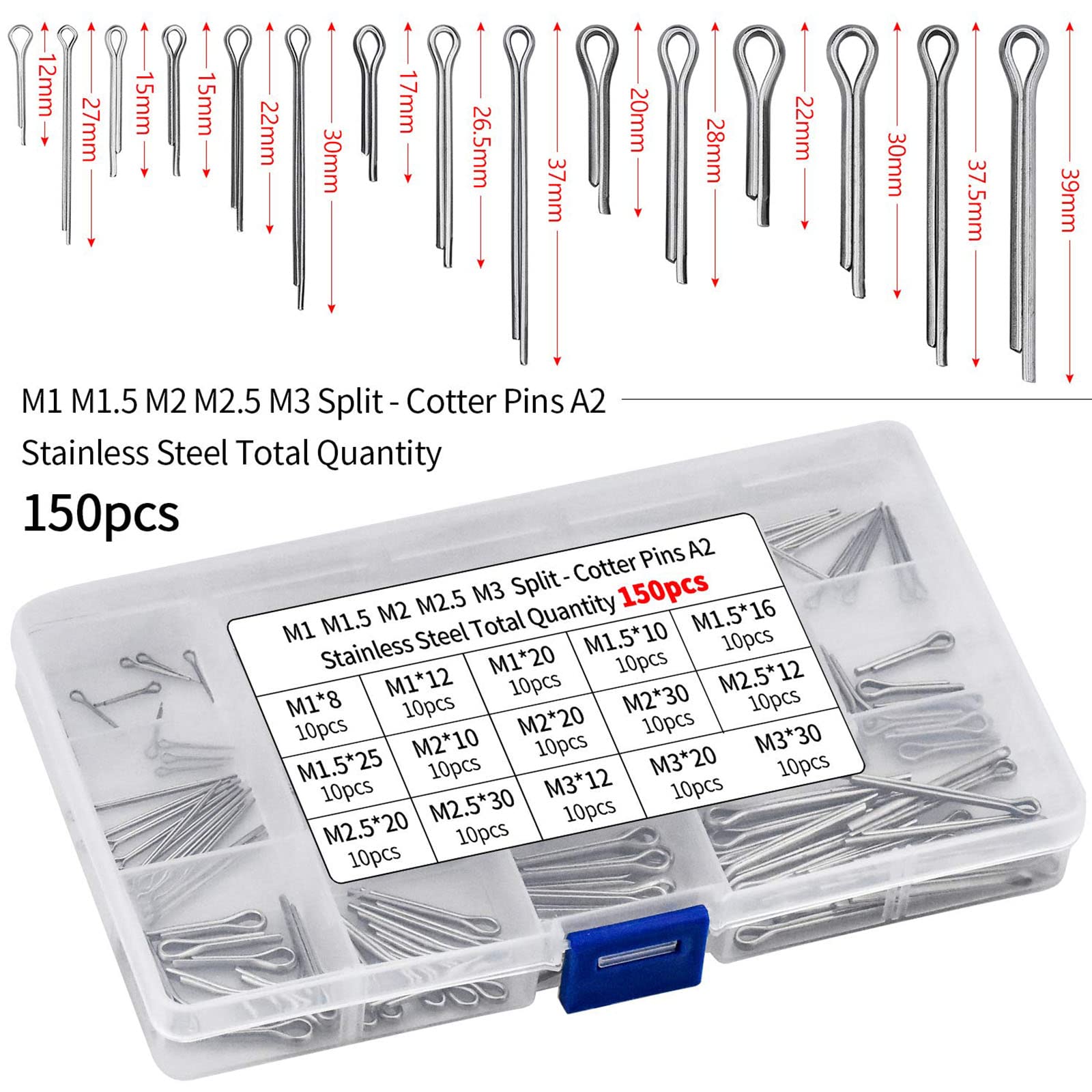 230 Coppiglie In Acciaio Inox - Assortimento 6 Dimensioni Da M1 A M5 - Con Scatola Portaoggetti - Foto 3