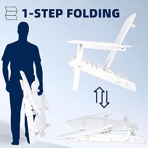 Miniatura 5 de Juego de 2 sillas Adirondack plegables de madera para jardín al aire libre de madera en relieve, cedro macizo con grano (blanco)