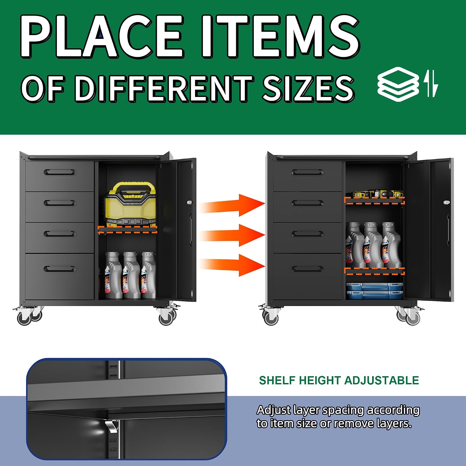 Metal Garage Storage Cabinets System, 5-Pcs Workshop Tool Cabinet Set in Black, Included 3 Pcs Wall Cabinets 2 Pcs Garage Tool Cabinets with Wheels,Assembly Required