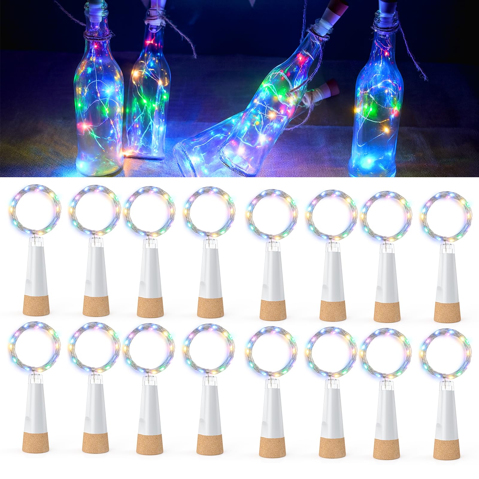 Luces de botella con corcho, luz recargable por USB para botella de vino, funciona con pilas, luces de hadas mejoradas 2025 para decoraciones de Navidad (multicolor, paquete de 16)