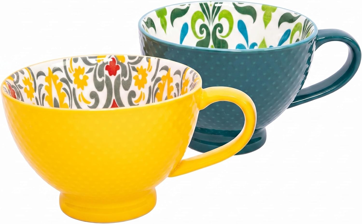 Topadorn Ceramic Coffee Mugs with Handle Set of 2, Hand-Painted Floral Pattern Ceramic Soup Mugs for Salad, Cappuccino, Cereal, Milk, Latte, Tea, Cocoa, Breakfast Oatmeal Cups(Green & Yellow)
