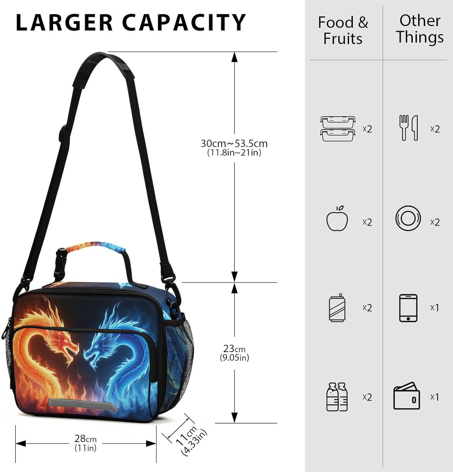 Kcldeci Insulated Lunch Bag for Women/Men Red Blue Fire Dragon Reusable Lunch Box for Office Work School Picnic Beach - Leakproof Cooler Tote Bag Freezable Lunch Bag
