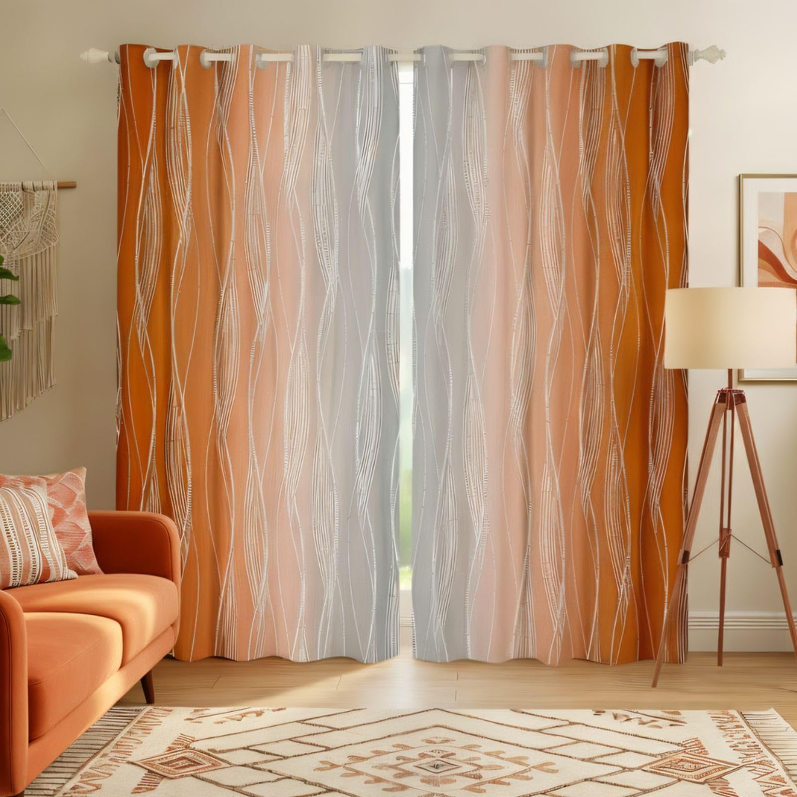 Homewish Gradient Orange And Greyish White Window Curtains - 52 x 63 Inch - Abstract Burnt Orange Ombre Curtains - Geometric Striped Drapes - Gradient Window Treatments - 2 Panels - Bedroom Decor