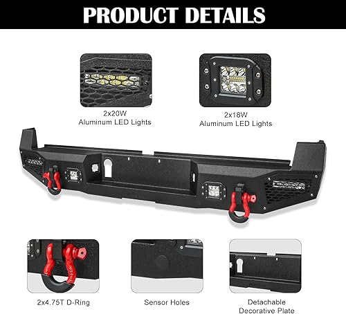 Miniatura 3 de Parachoques trasero de acero para Tacoma 2016 2017 2018 2019 2020 2021 2022 2023 con placa de cabrestante y orificio de sensor y luces LED y kits de