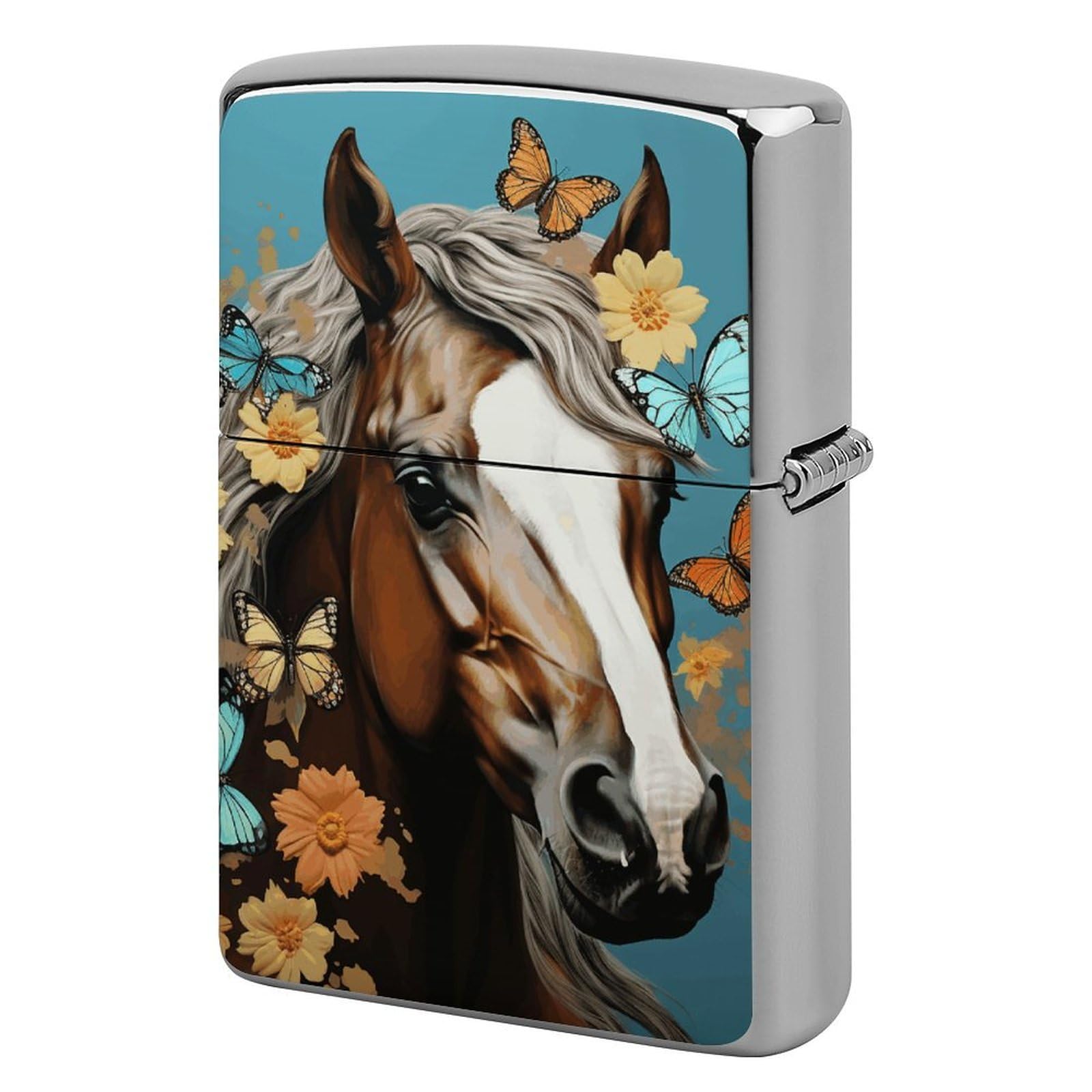 A Horse with Flowers and Butterflies Lighter Case Vintage Metal Lighter Cover Reusable Lighter Protective Sleeve Unique Design Personalized Lighter Sleeve Holder Against Dust and Scratches