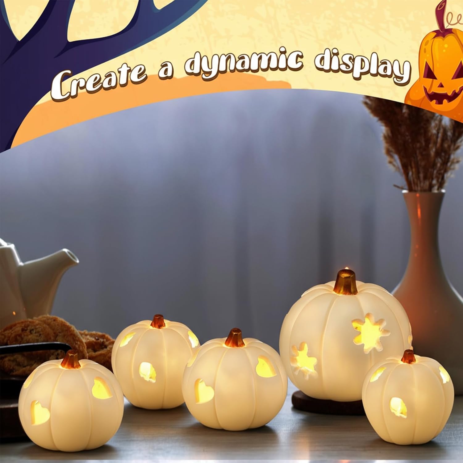 Geelin 5 Pack Thanksgiving Lighted Pumpkin Decor Various Size Hollow Lighted Pumpkin Lantern Battery Operated Resin Fall Harvest Table Centerpiece for Thanksgiving Autumn Home Decorations(White)