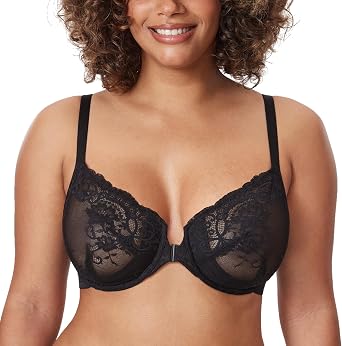 DELIMIRA Womens Front Closure Lace Underwire Bras | Sheer, Plus Size, Full Coverage, Sexy, Plunge, No Padding Unlined
