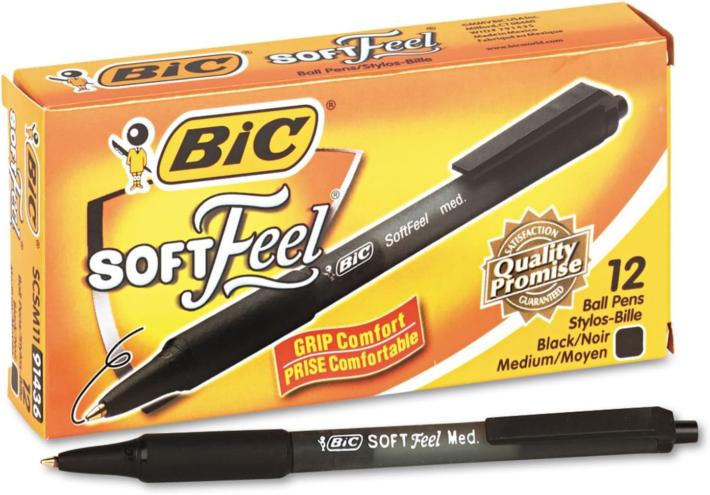 BIC : Soft Feel Retractable Ballpoint Pen, Black Ink, Medium, 0.80 mm -:- Sold as 2 Packs of - 12 - / - Total of 24 Each