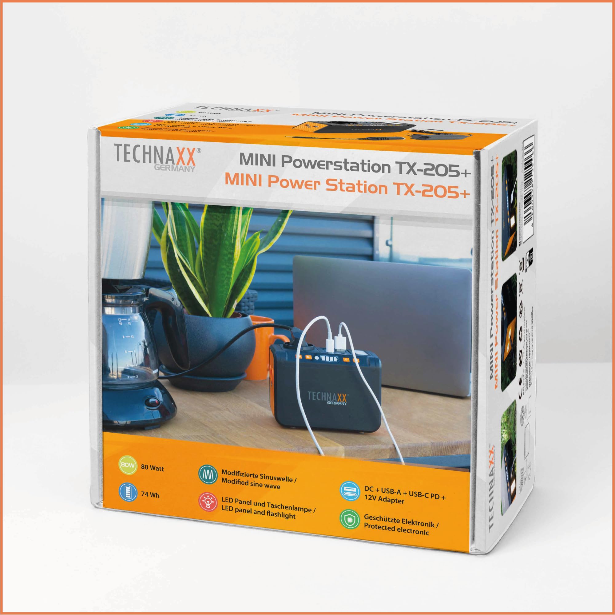 Technaxx Mini Tragbare Powerstation 74Wh 80W mit 230V Steckdose, USB-C PD 18W, 4×USB-A QC3.0, DC-Ausgang, LED, Solarlade-kompatibel, Camping & Notstrom Generator – Aktualisiertes Modell 2026 TX-205+
