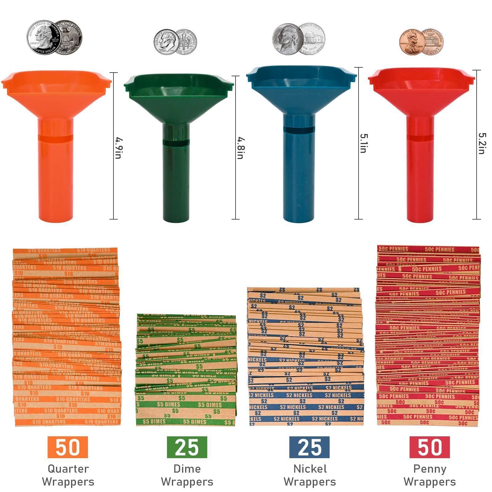 Tubo de clasificador de monedas de 4 piezas, envoltorios de rollos de centavo, 100 piezas de envoltura de monedas de rayas planas de rayas planas Multifuncionales Tubo de