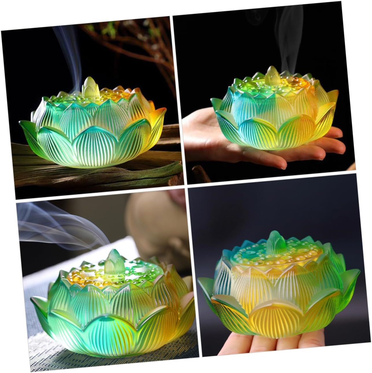 Glass Lotus Incense Holder Desktop Censer Coils Sticks Aromatherapy Zen Home Decor