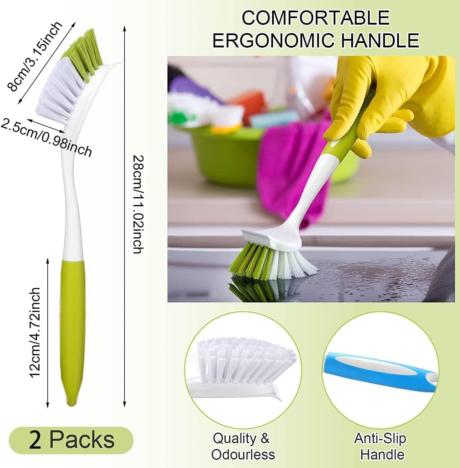 Aputue Saplı bulaşık fırçası, 2 adet mutfak temizleme gereci, sert kıllı fırça ile yerleşik kazıyıcılı tasarım, tencere tava ve lavabo için ergonomik tutuşlu etkili ev temizlik yardımcısı
