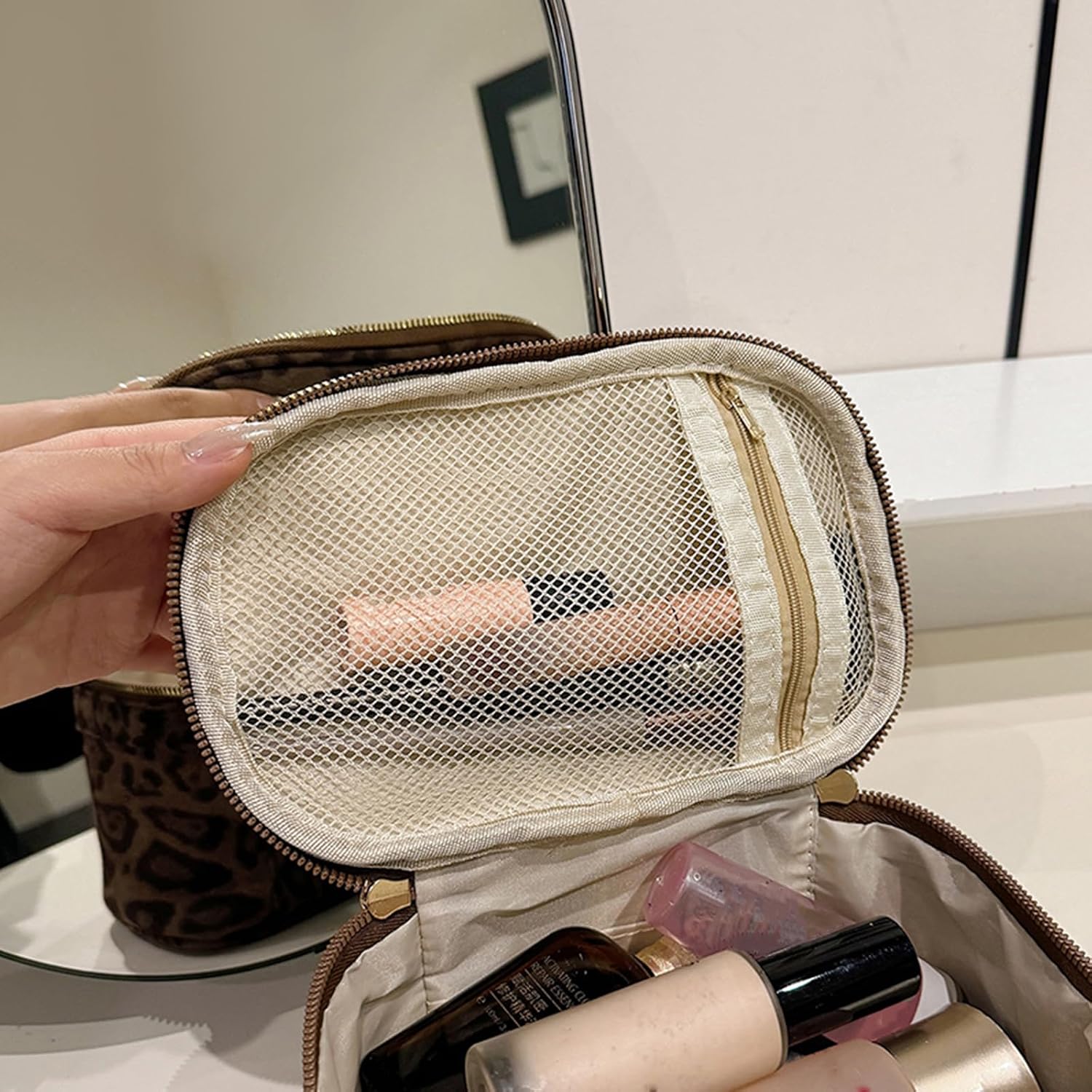 Women Leopard Faux Suede Makeup Bag Large Capacity Cosmetic Case Handheld Storage for Wife, Girlfriend, Mom Gift image 2