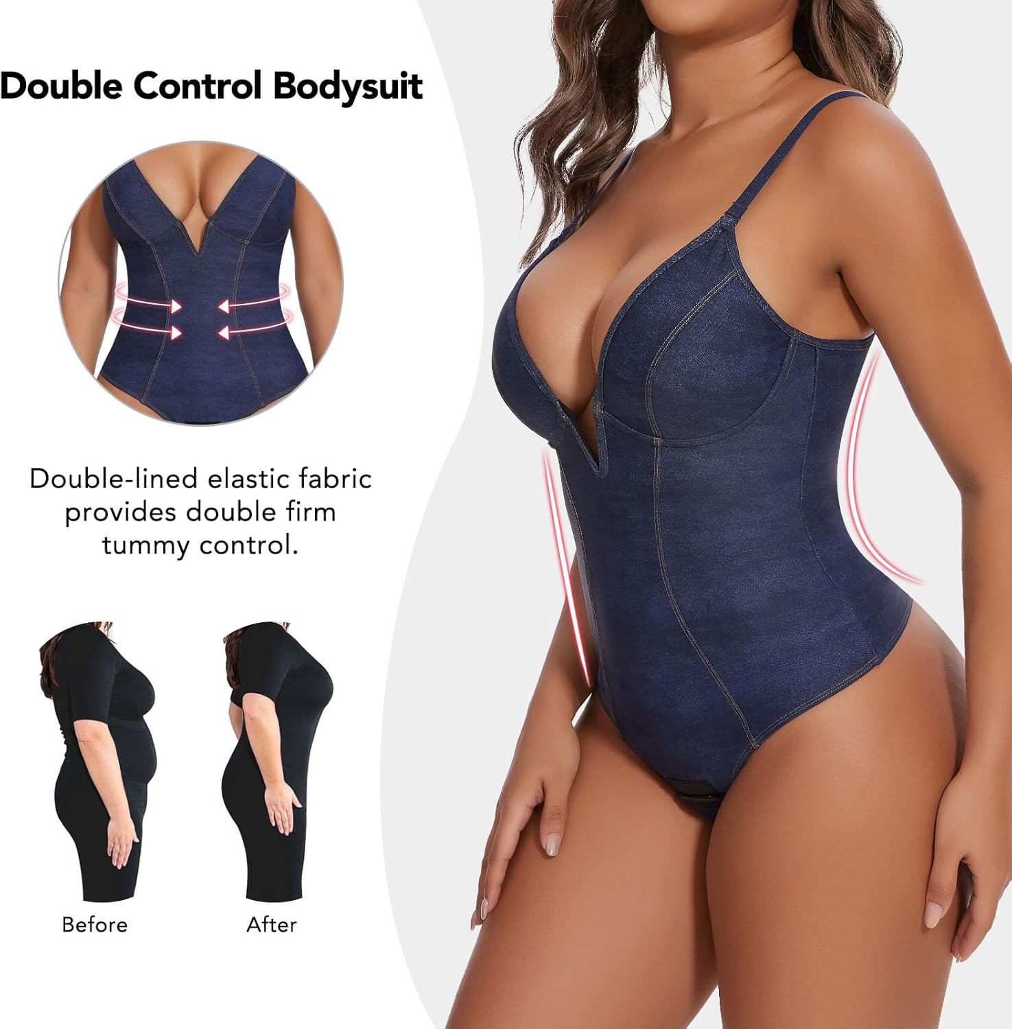 SHAPERIN Women's Deep V Neck Bodysuit Double Lined Plunge Tummy Control Shapewear Thong Body Suits Backless Cami Tank - Image 4