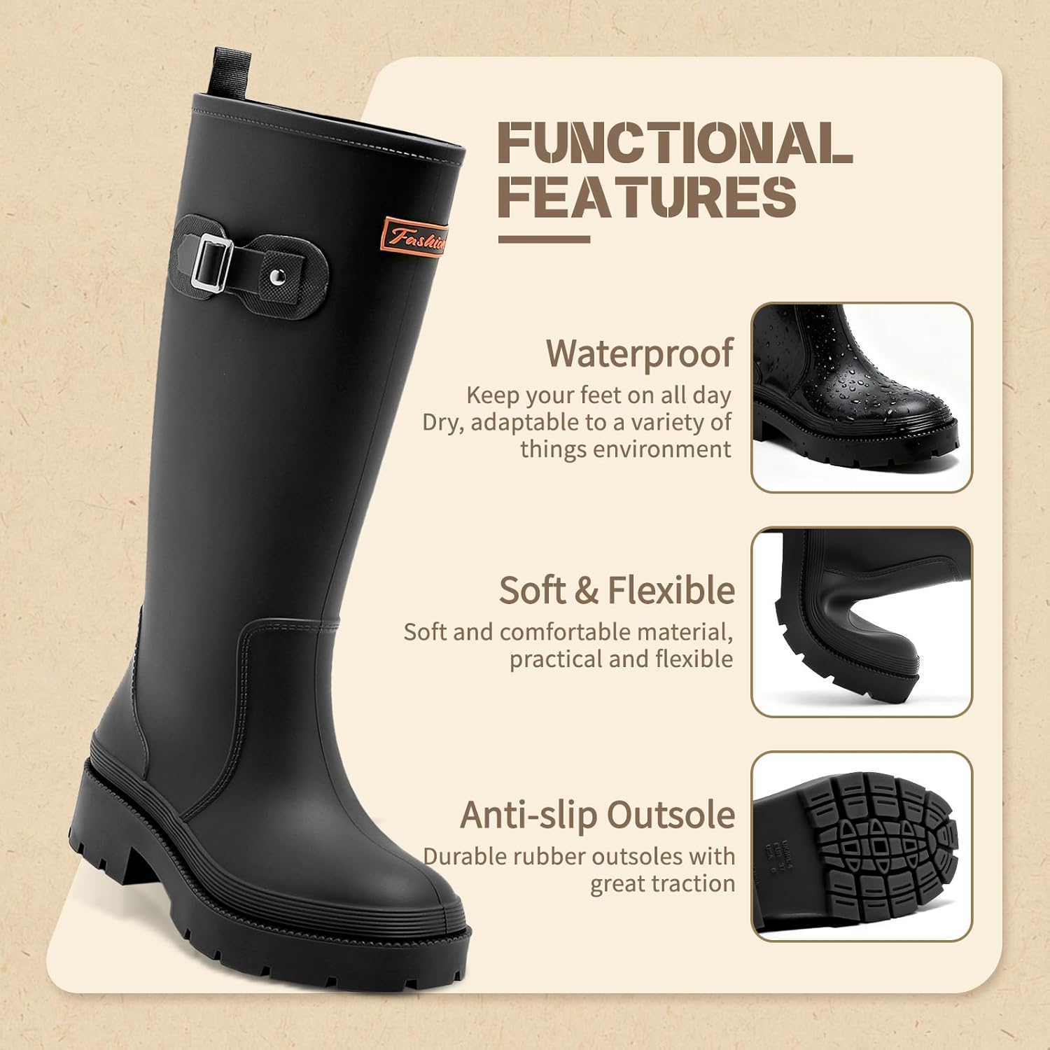 Women's Rain Boots Knee High Rubber Boots Waterproof Anti-Slip Tall wide calf Garden Boots Insulated Work Water Shoes Fishing Outdoor - Image 5
