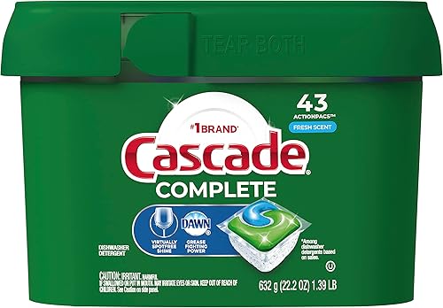 Cascade Cápsulas completas para lavavajillas, detergente para lavavajillas ActionPacs, aroma fresco, 43 unidades