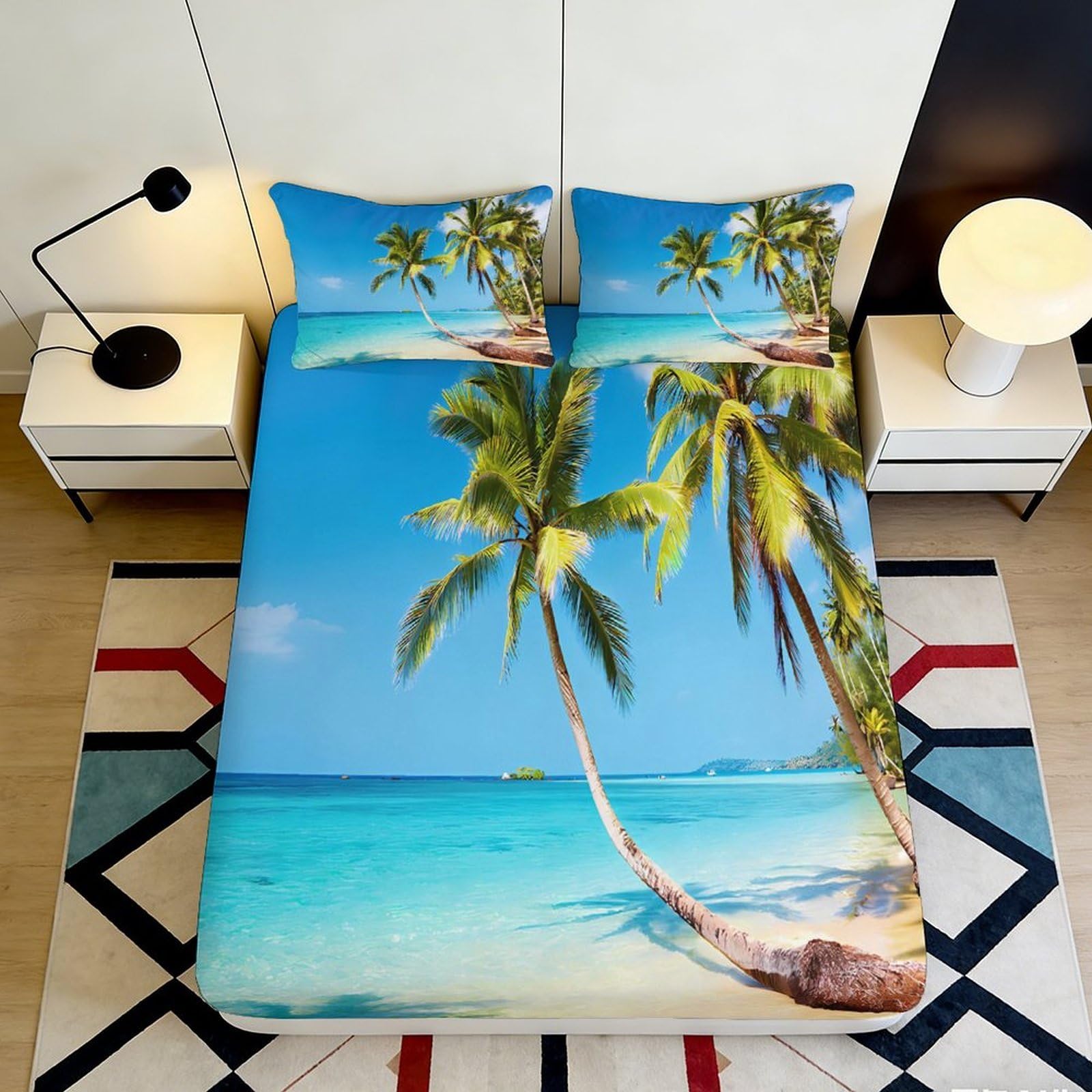 Pnayamiorkfel Style-8 3D Printed Tropical Beach Fitted Sheet Microfiber Soft Palm Tree Bed Cover For Bedroom Guest Room Mattress Decor 90X200x25cm