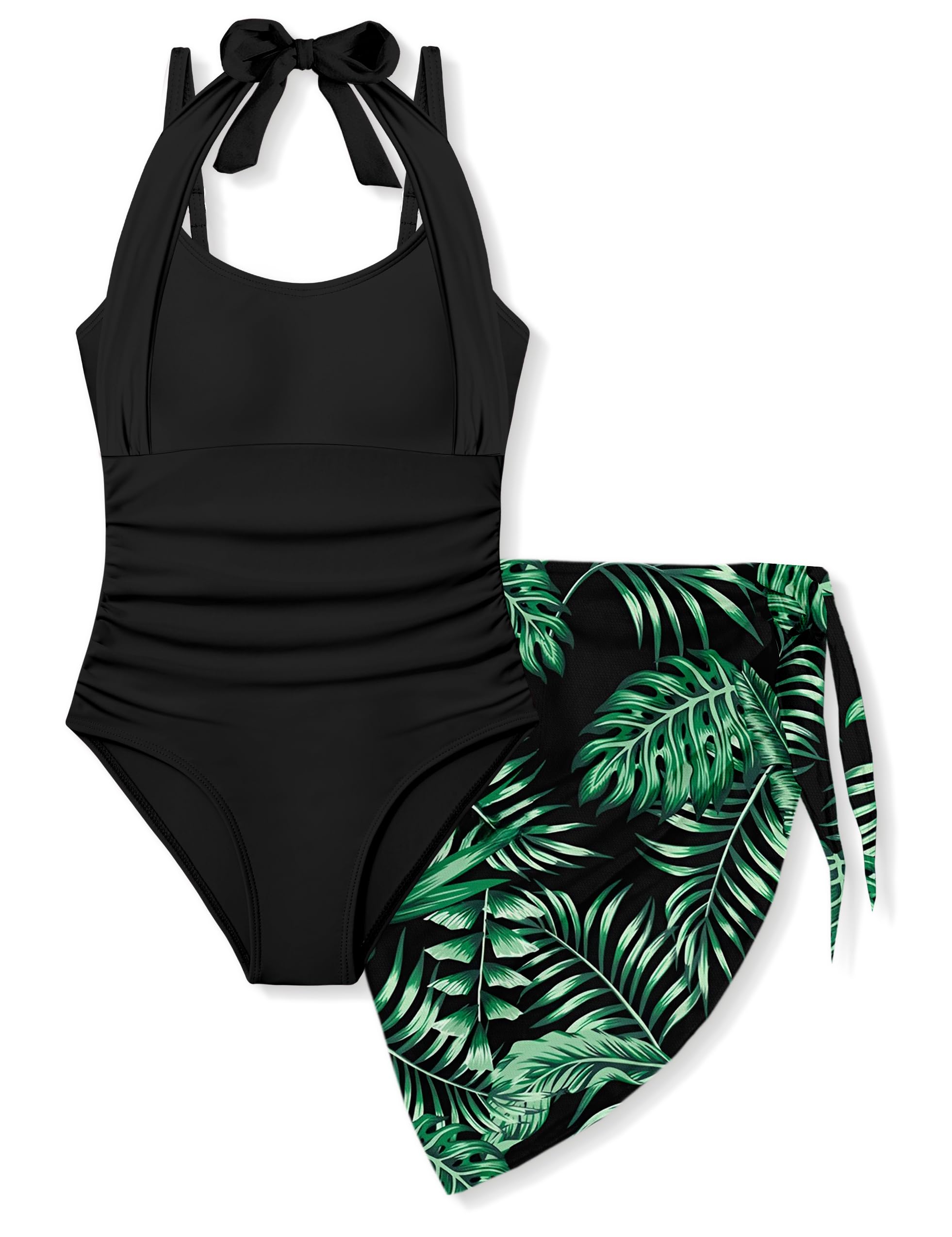 Girls Swimsuit Set - Halter Neck One Piece Bathing Suit with Tropical Cover Up Skirt Swimwear for Kids 7-18Y