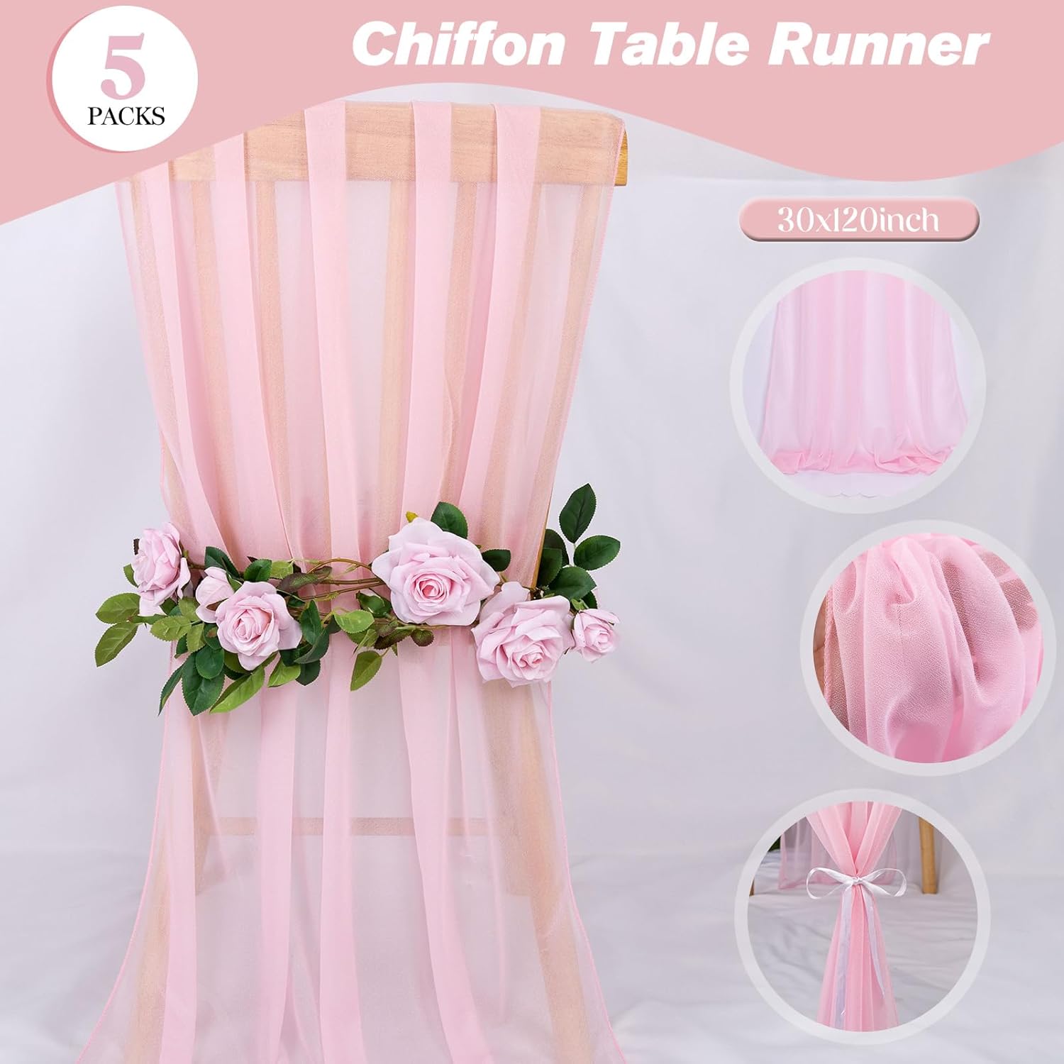 5 Packs 10ft Blushing Pink Chiffon Table Runner 30 x 120 Inches Romantic Sheer Table Decorations Long Tulle Runner for Wedding Bridal Shower Party Supplies Decor