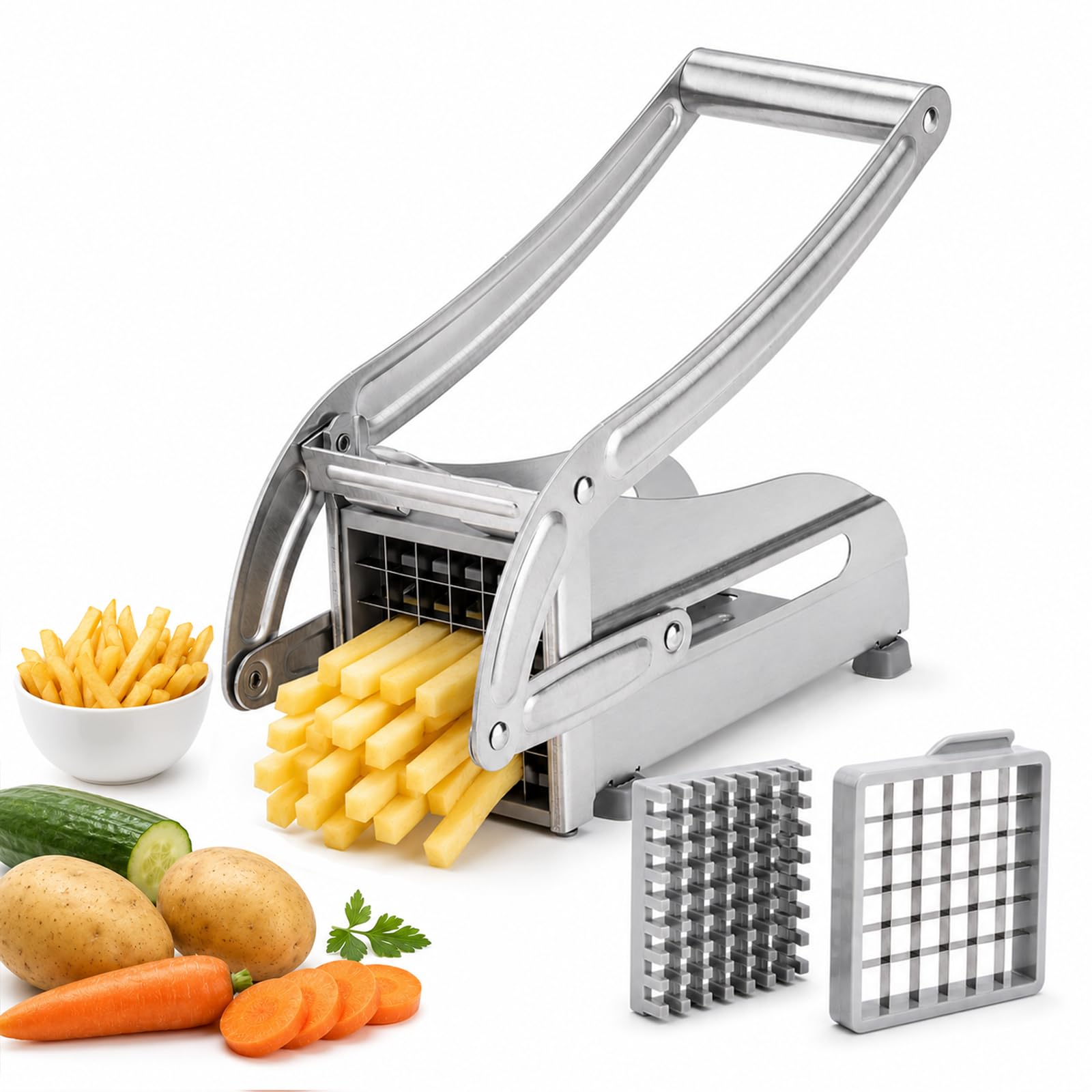 Pommesschneider aus Edelstahl, Kartoffelschneider mit 2 Klingengrößen (36/64 Raster), Pommes Schneider Gerät mit Rutschfester Gummibasis, Pommes Maschine, Pommes Presse