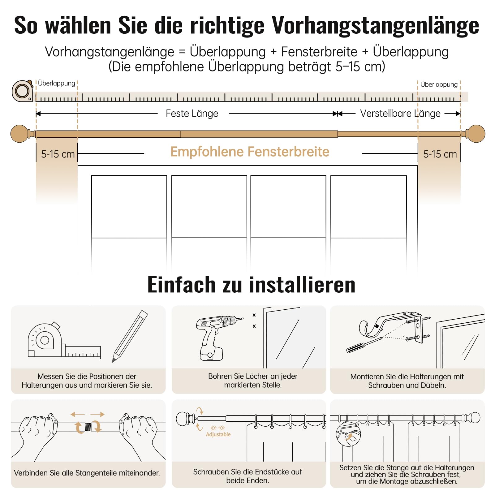 Asta per Tende Telescopica in Effetto Legno (76-381 cm) – Diametro 25 mm, Montaggio a Parete/Soffitto, Ideale per Camera da Letto, Balcone o Soggiorno – Marrone