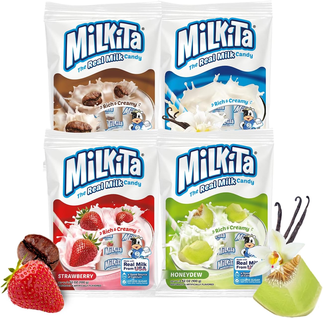 Milkita Creamy Assorted Milk Candy โ Low-Sugar Healthy Sweets with Real Milk for Kids & Adults โ Fat Free & Gluten Free Candy with Calcium for Everyday Indulgence (4-Pack/25 Count Each)