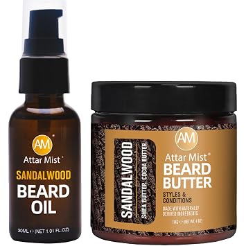 AM Beard Butter & Beard Oil for Men Beard Kit Sandalwood Beard Care Kit for Men Beard Softener, Moisturizer, Itch Relief Mustache Oil Shea, Cocoa Butter, Argan Oil, Vitamin E 4 oz