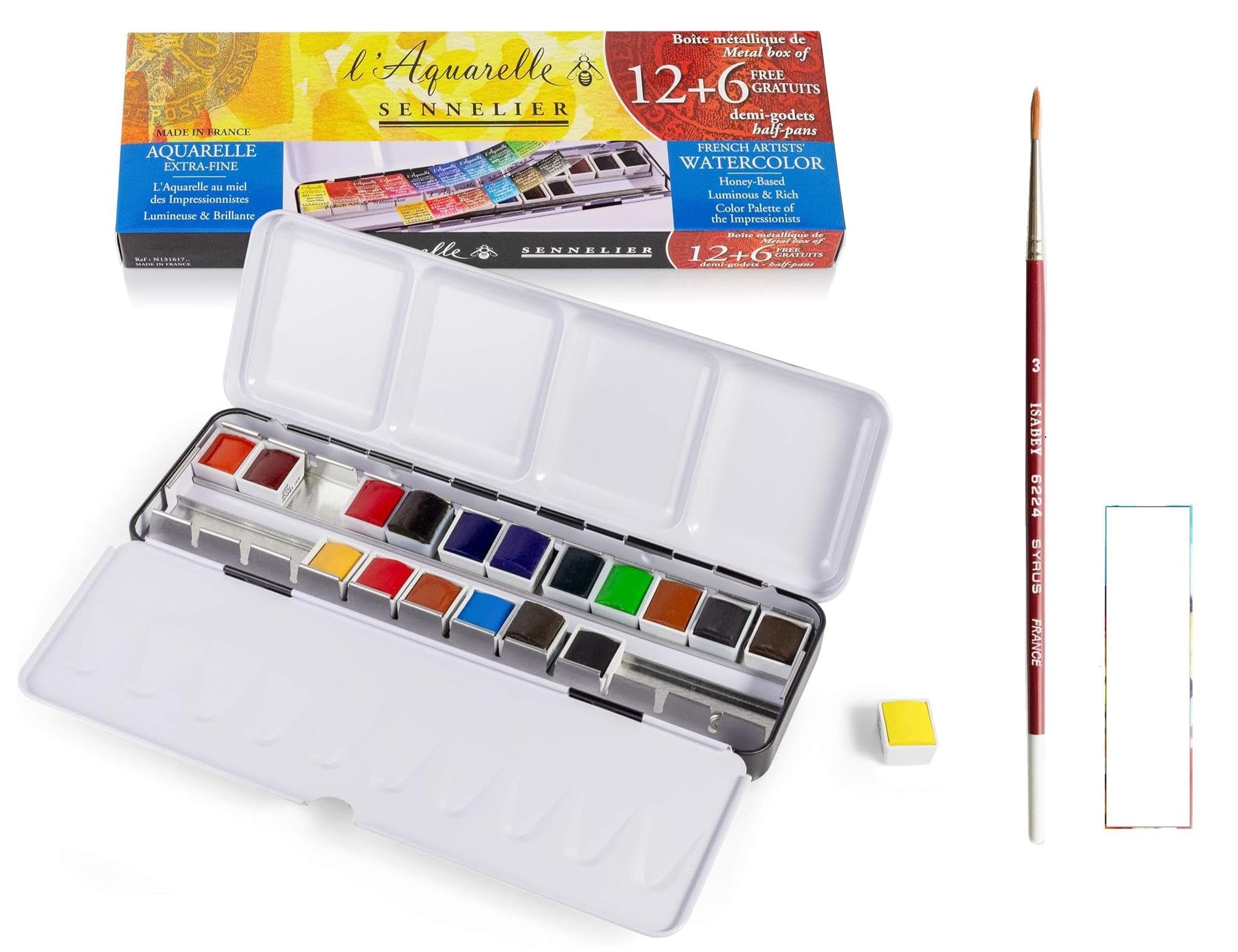 Sennelier Boîte de Peinture Aquarelle Extra-Fines, 18 Demi-Godets Métal + Pinceau