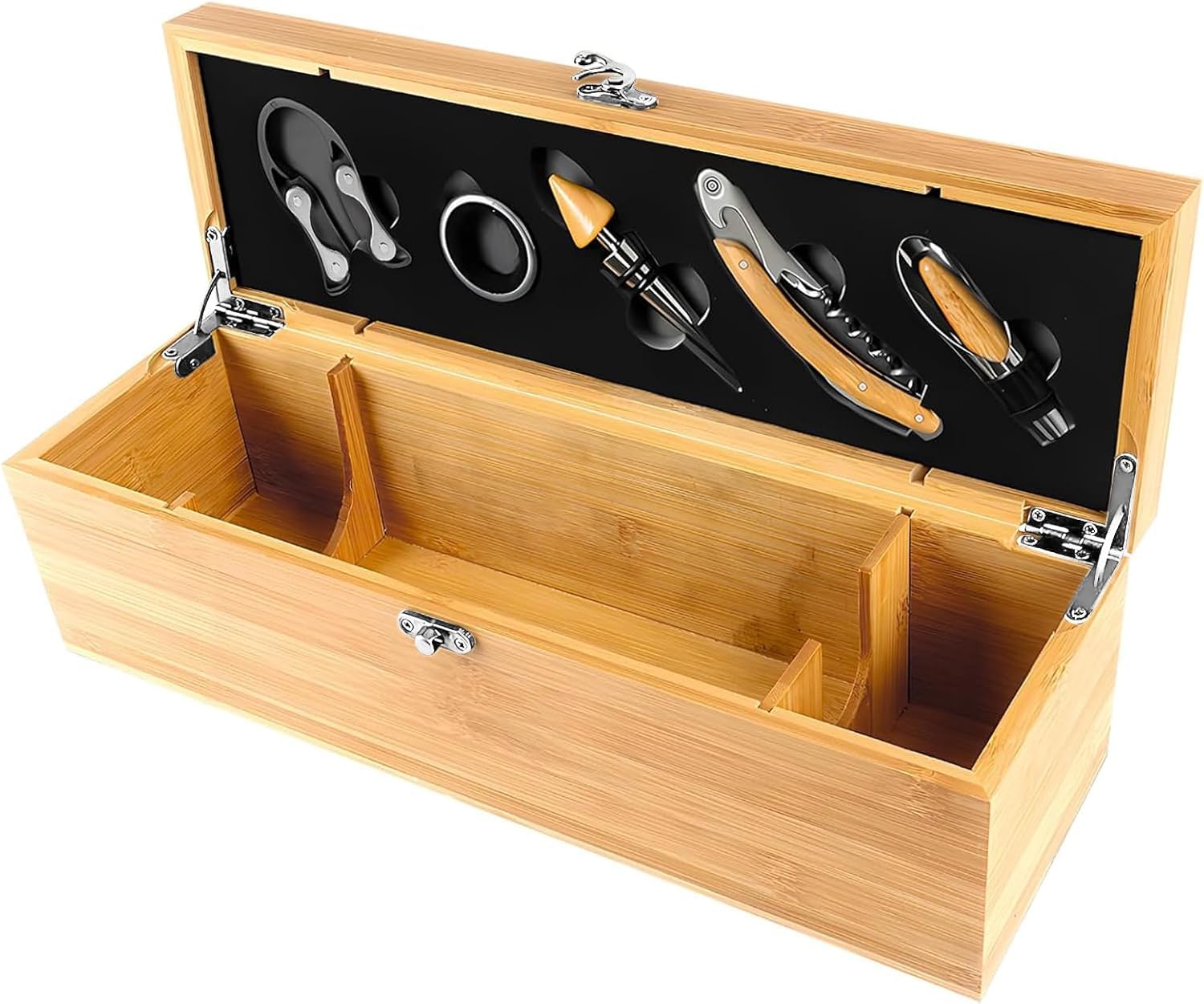 Weinzubehör-Geschenk-Set mit Vintage-Holzkiste, Antike Hölzerne Weinflaschenkiste, 5-teiliges Wein-Zubehör-Set,Wein-Geschenksets für Männer und Frauen,Sommelier-Set (bamboo)
