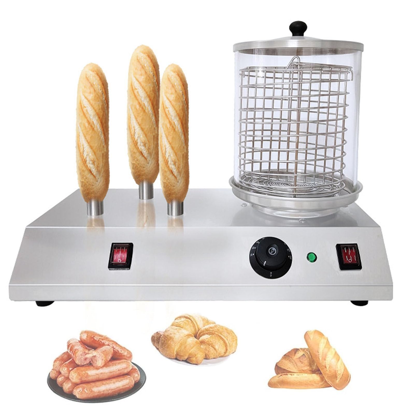 Cuiseur électrique commercial pour hot-dogs, réchauffeur de petits pains, cuiseur de saucisses, acier inoxydable pour Restaurant Equipement de Restauration Rapide avec 3/4 Tiges de Grille-pain,3