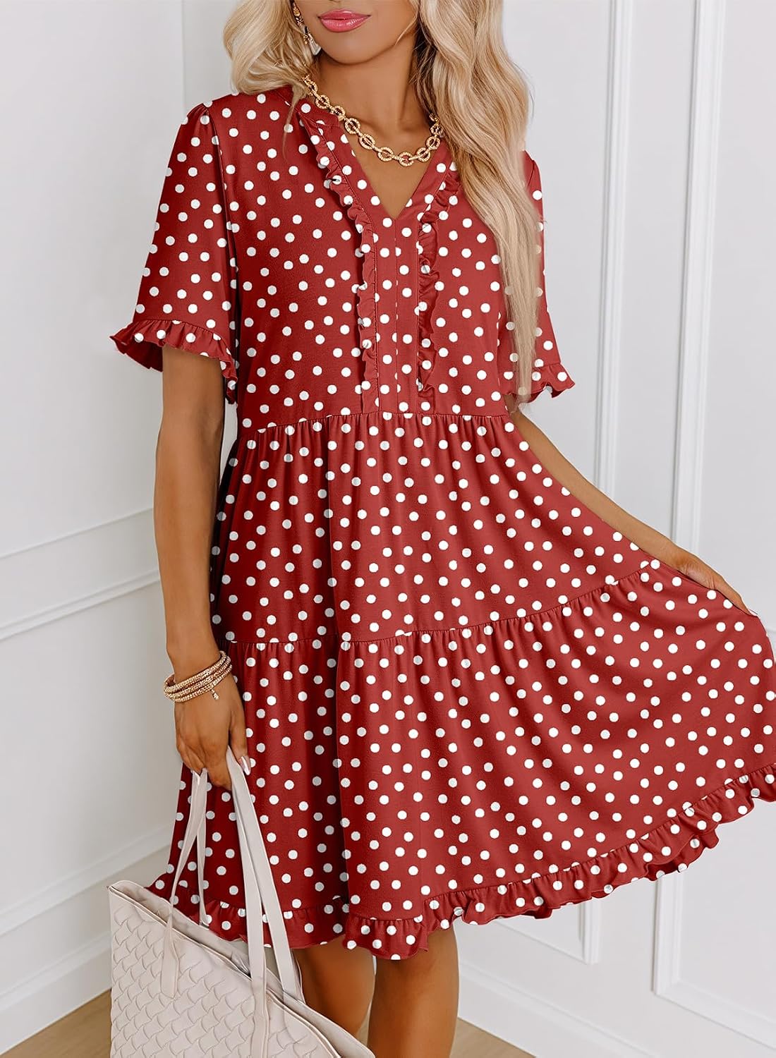 Womens Summer Dresses 2026 V Neck A Line Short Sleeve Casual Ruffle Babydoll Mini Dress thumbnail