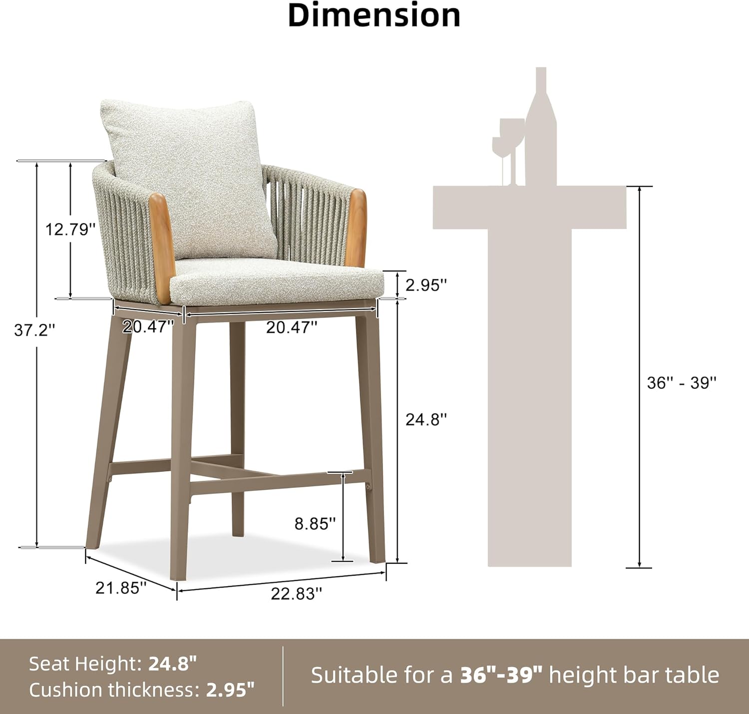 PURPLE LEAF Outdoor Counter Height Bar Stools Chair, Modern Upholstered Patio Bar Stool with Backrest and Cushion for Balcony, Indoor and Outdoor, Kitchen Island