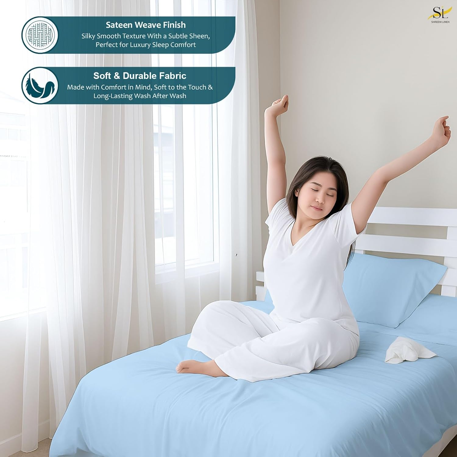 Shreem Linen Queen Waterbed Sheets, 4-Piece 100% Egyptian Cotton Attached Sheet Set with 15" Deep Pocket, Soft & Breathable Bedsheets for Water Beds, Light Blue Solid