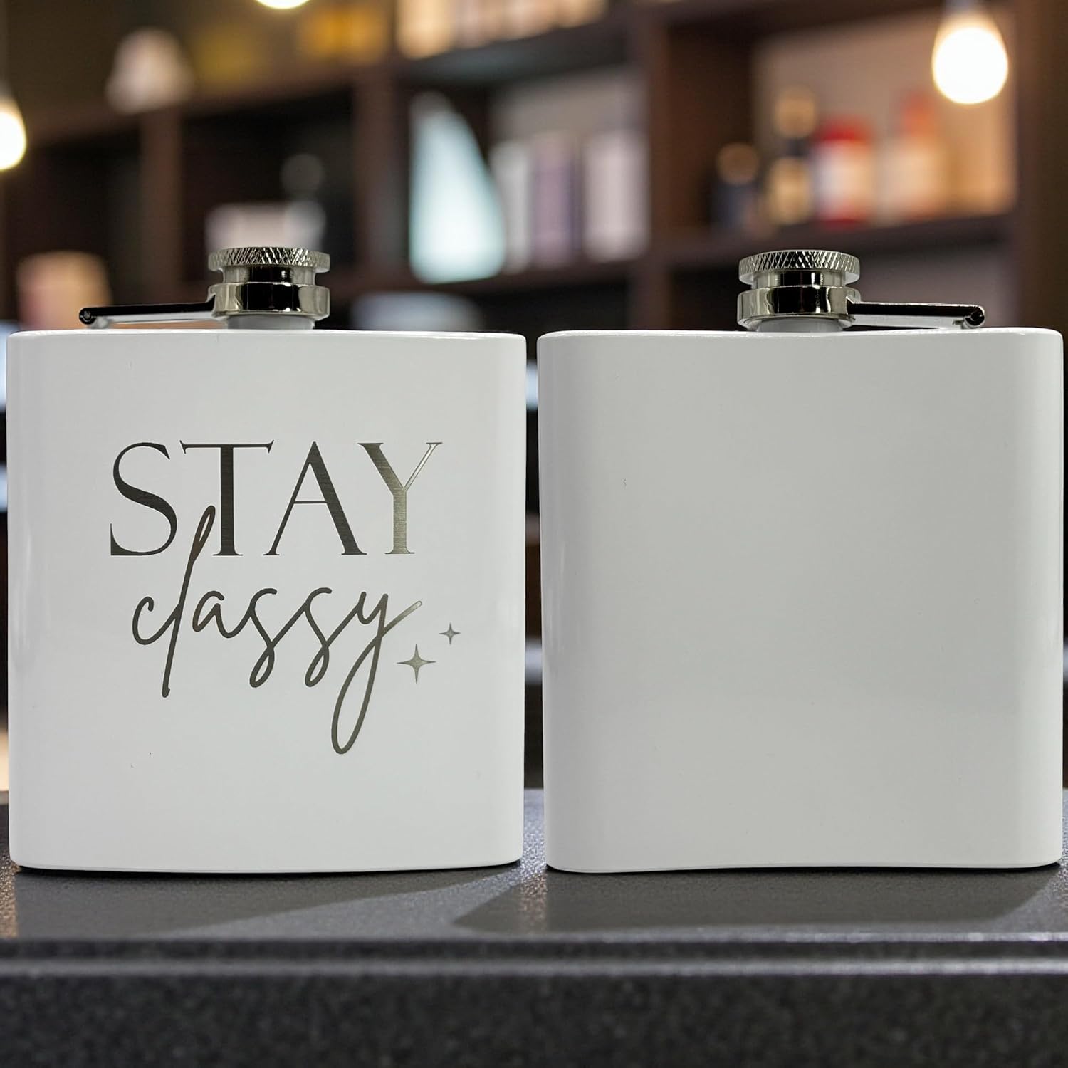 6 oz Stainless Steel Hip Flask for Women, White Engraved “Stay Classy”, Includes Funnel