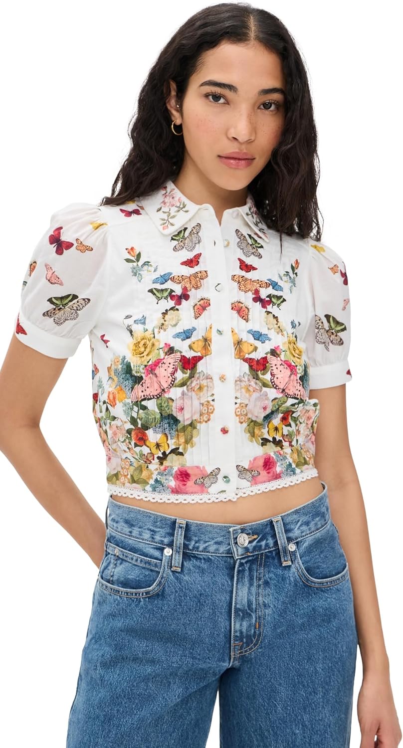 alice + olivia Women's Rosie Embroidered Puff Sleeve Cropped Button Down Blouse