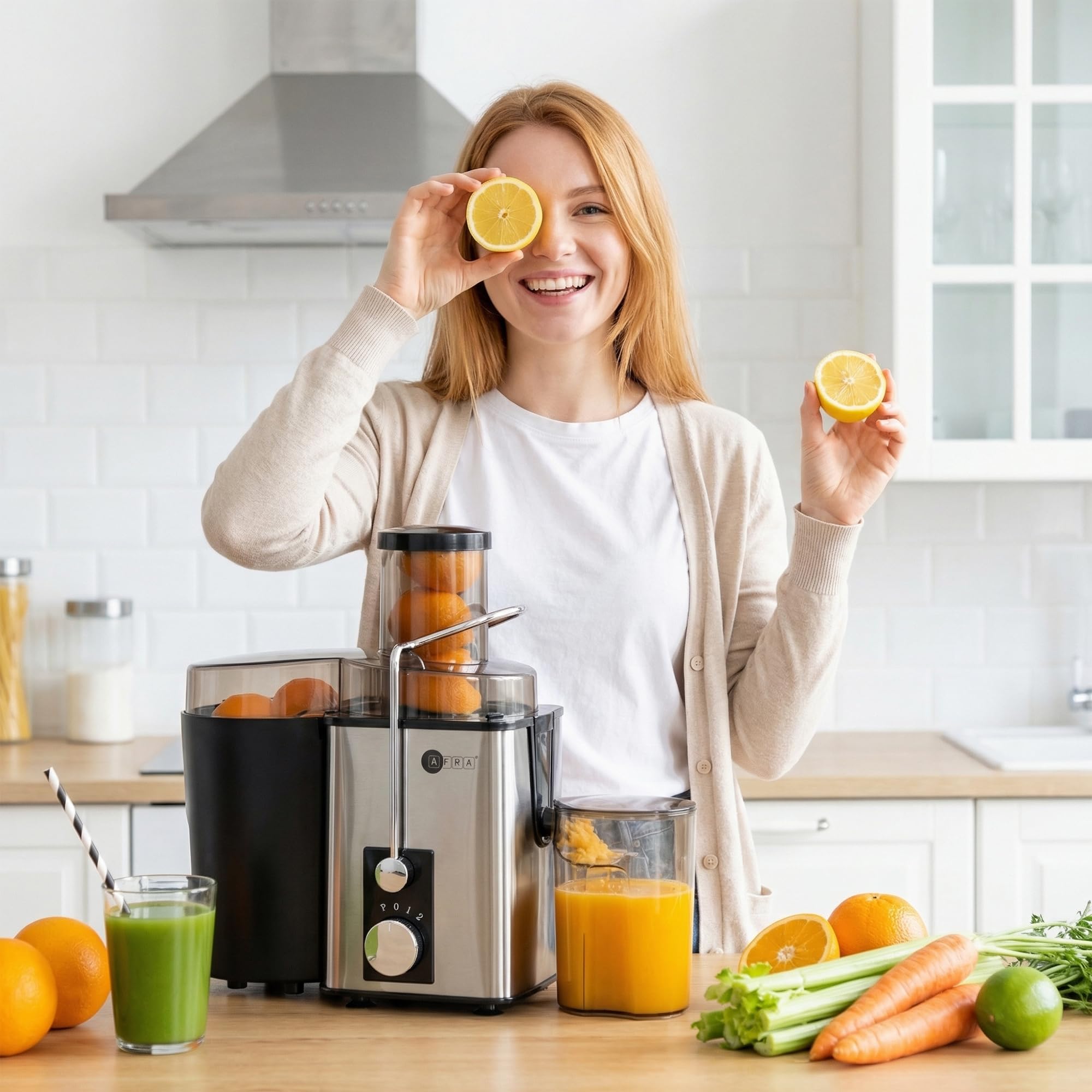 AFRA Presse-agrumes centrifuge 400 W – Extracteur électrique de jus de fruits et légumes avec 2 vitesses et impulsion, goulotte d'alimentation de 65 mm, récipient à pulpe de 1 l, pichet à jus de 550