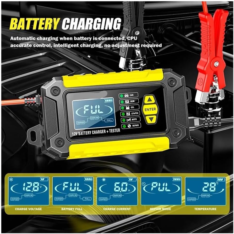 2-in-1 Intelligent Car Battery Charger & Tester for Lead Acid, AG Gel, Lithium Batteries, Ideal for Automobile & Motorcycle Analysis(Red EU Plug)