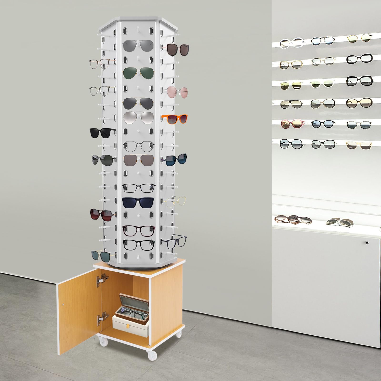 Estante Expositor para Gafas de Sol, Soporte de pie de Madera de 6 Lados para Gafas, Soporte para 102 Pares de Gafas, Giratorio 360°, con Armario de Almacenamiento y 4 Ruedas girat