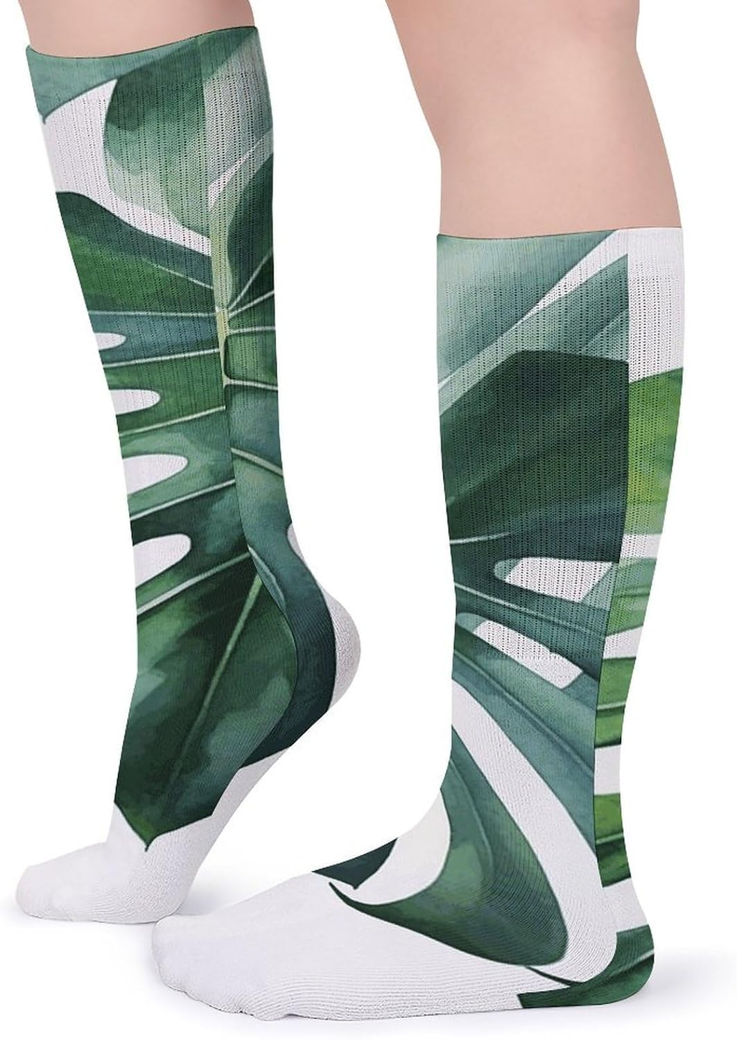 Breathable Crew Sock, Moisture Wicking, Athletic Calf Socks, Cozy | Watercolor Monstera Leaf Compression Socks for Women Men, Lightweight High Work Socks for Business, Casual